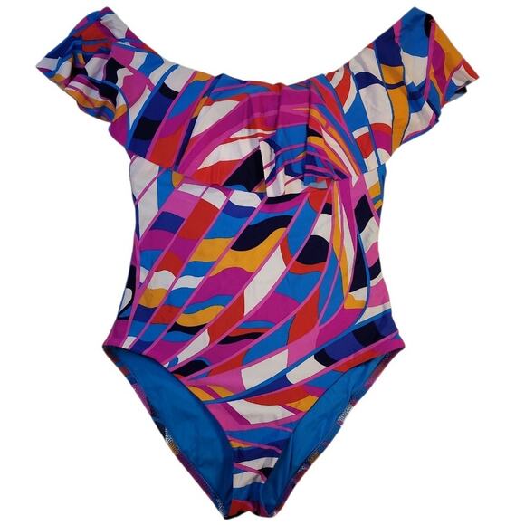 Trina Turk Rio Off Shoulder Ruffle Swimsuit One Piece Size 10 - Picture 3 of 9